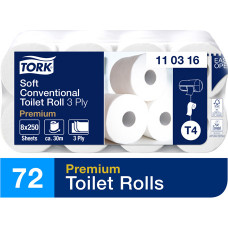 Tualetes papīrs TORK Premium Soft Conventional T4, 3 sl., 250 lapiņas rullī, 9.8 cm x 29.5 m, baltā krāsā, 8 gab./iepak.