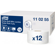 Tualetes papīrs TORK Premium Mini Jumbo Extra Soft T2, 3 sl., 600 lapiņas rullī, 9.7 cm x 120 m, baltā krāsā ar lapiņām ( Gab. x 12 )