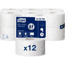 Tualetes papīrs TORK Advanced Mini Jumbo T2, 2 sl., 850 lapiņas rullī, 9.4 cm x 170 m, baltā krāsā ar lapiņām ( Gab. x 12 )