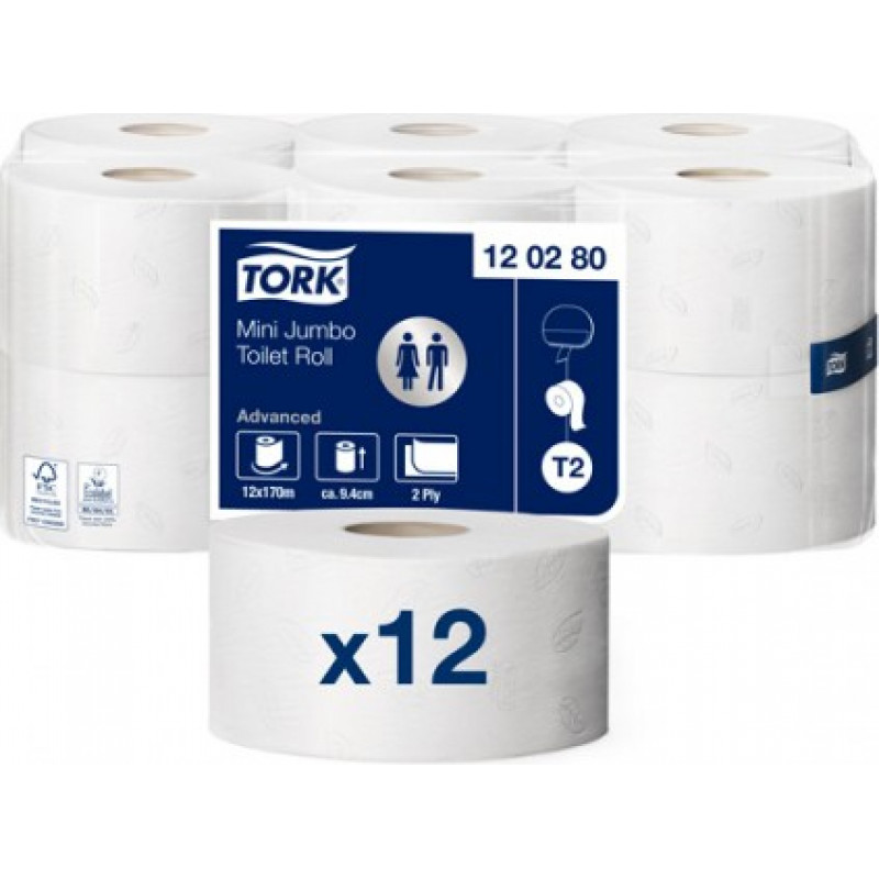 Tualetes papīrs TORK Advanced Mini Jumbo T2, 2 sl., 850 lapiņas rullī, 9.4 cm x 170 m, baltā krāsā ar lapiņām ( Gab. x 12 )