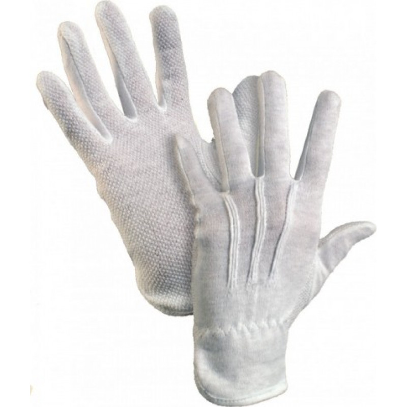 Kokvilnas darba cimdi pirkstaiņi ar gumijas punktiem vienā pusē ar izmēru M/8, balti, pāris