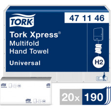 Roku dvieļi TORK Universal Xpress Multifold, 2 sl., 190 salvetes, 23.4 x 21.3 cm, baltā krāsā ar lapiņām ( Gab. x 20 )