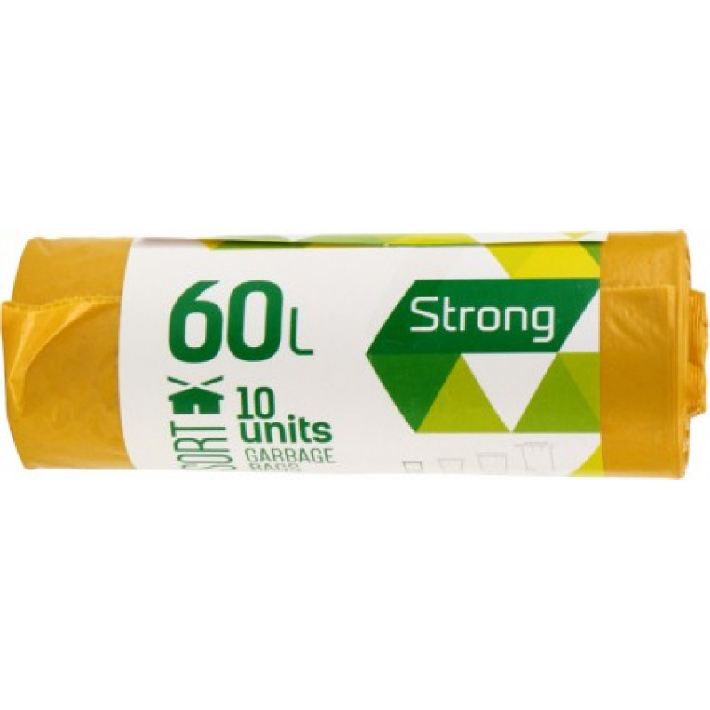 Atkritumu maisi SORTEX, tilpums 60 L, 10 gab., 30 mkr, dzelteni, LDPE, 60 x 75 cm